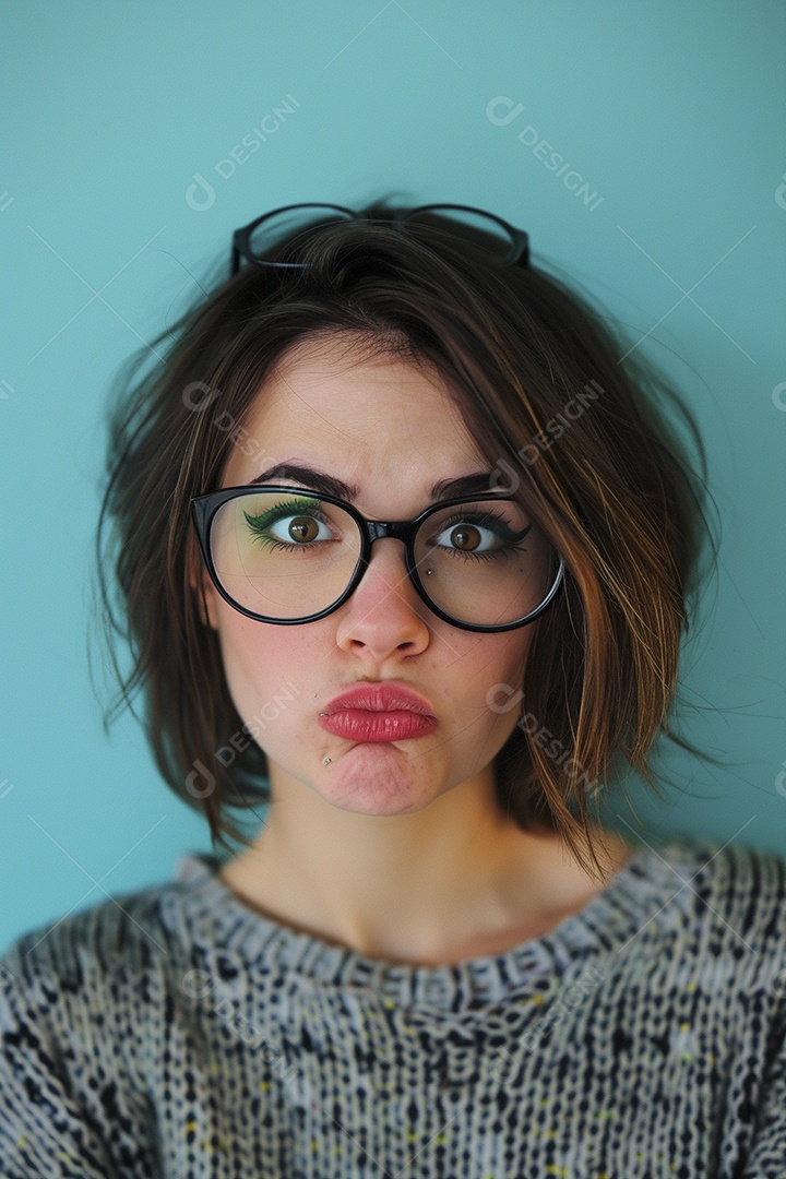 Blogueira maluca, usando óculos, olhando para a câmera, estilo ridículo e irônico