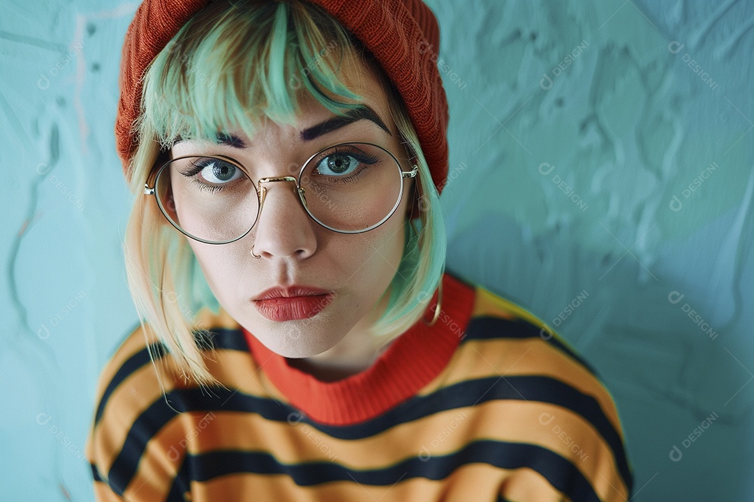 Blogueira maluca, usando óculos, olhando para a câmera, estilo ridículo e irônico