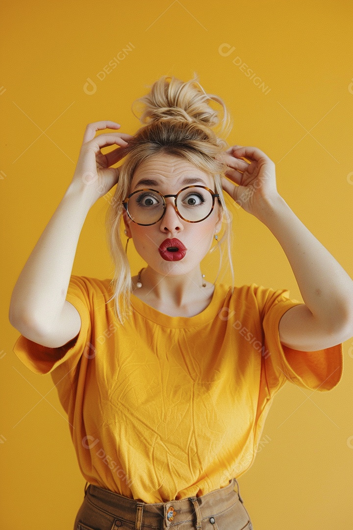 Blogueira maluca, usando óculos, olhando para a câmera, estilo ridículo e irônico