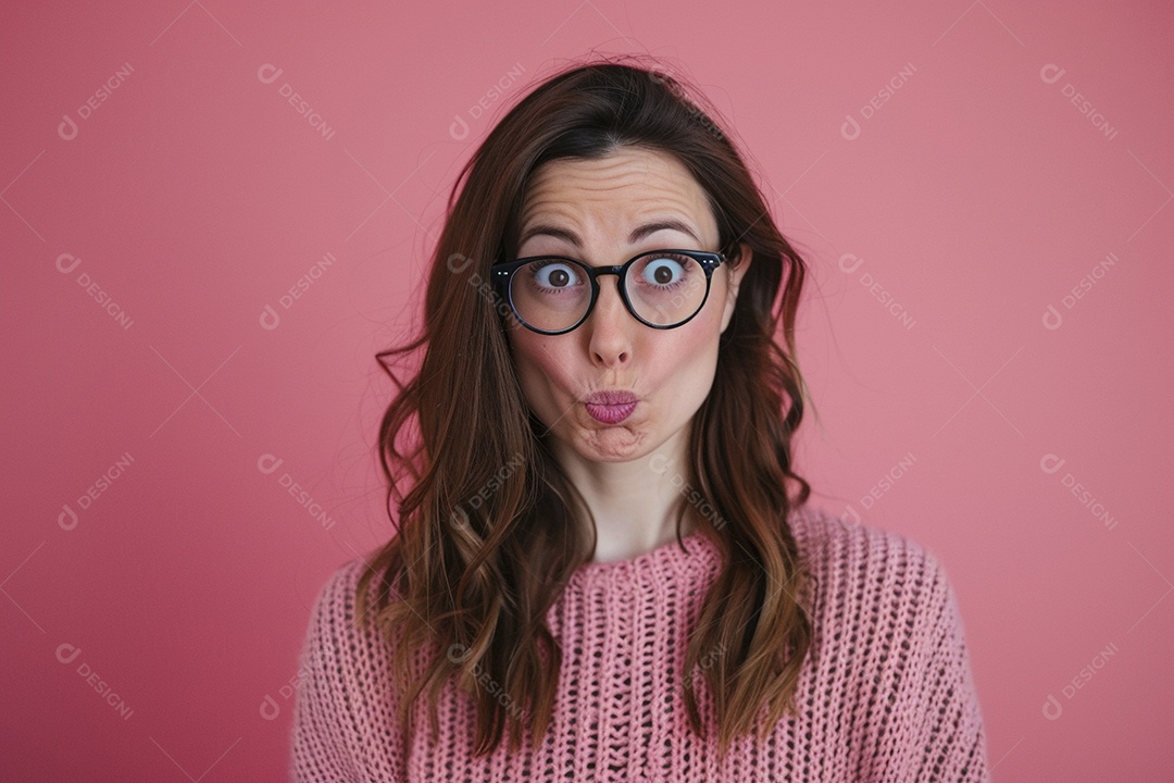 Blogueira maluca, usando óculos, olhando para a câmera, estilo ridículo e irônico