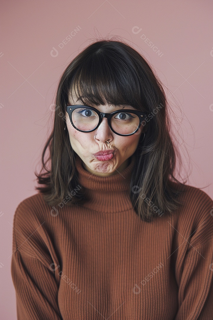 Blogueira maluca, usando óculos, olhando para a câmera, estilo ridículo e irônico