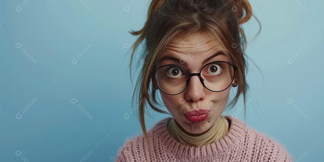 Blogueira maluca, usando óculos, olhando para a câmera, estilo ridículo e irônico