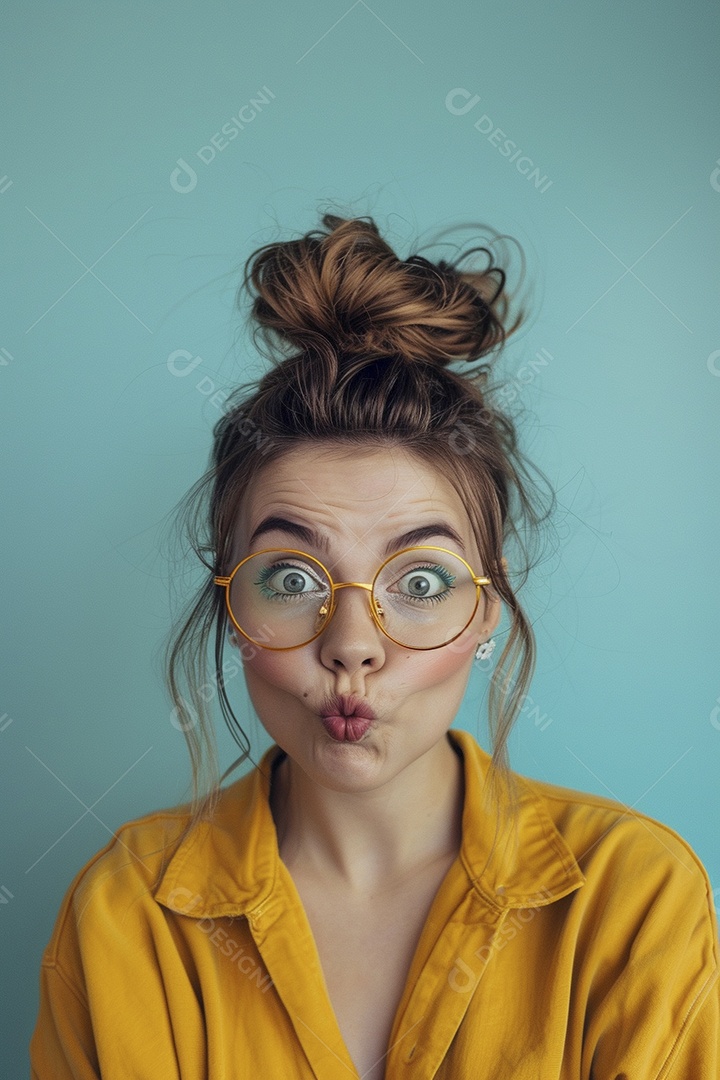 Blogueira maluca, usando óculos, olhando para a câmera, estilo ridículo e irônico