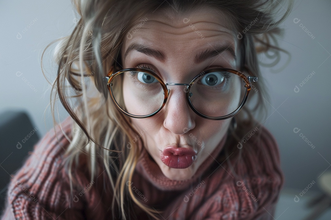 Blogueira maluca, usando óculos, olhando para a câmera, estilo ridículo e irônico