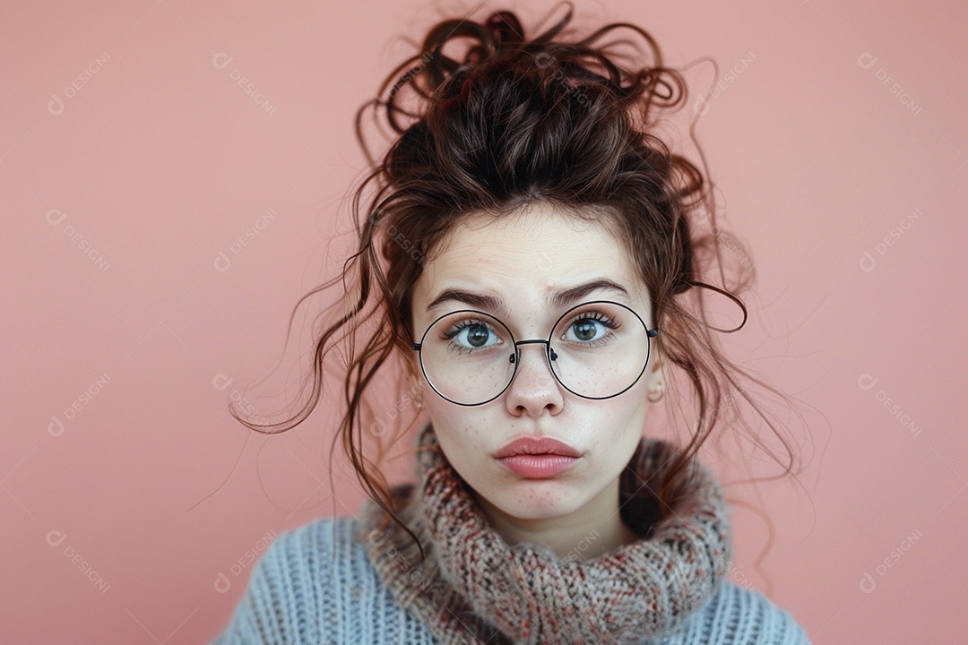 Blogueira maluca, usando óculos, olhando para a câmera, estilo ridículo e irônico