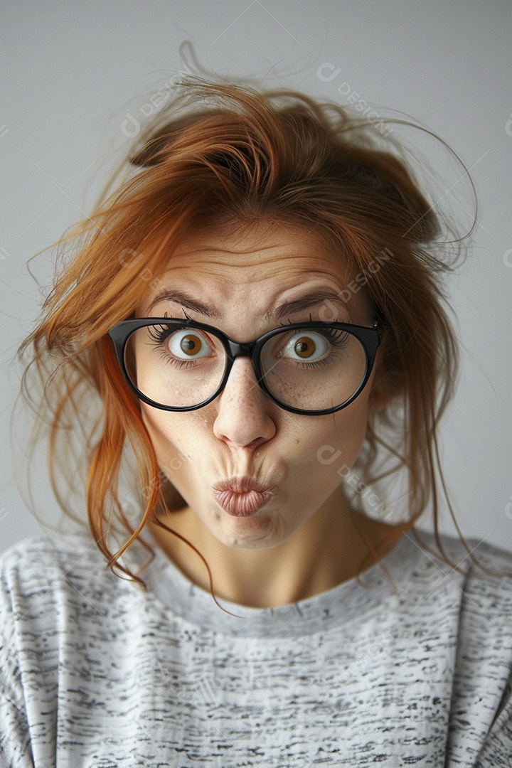 Blogueira maluca, usando óculos, olhando para a câmera, estilo ridículo e irônico