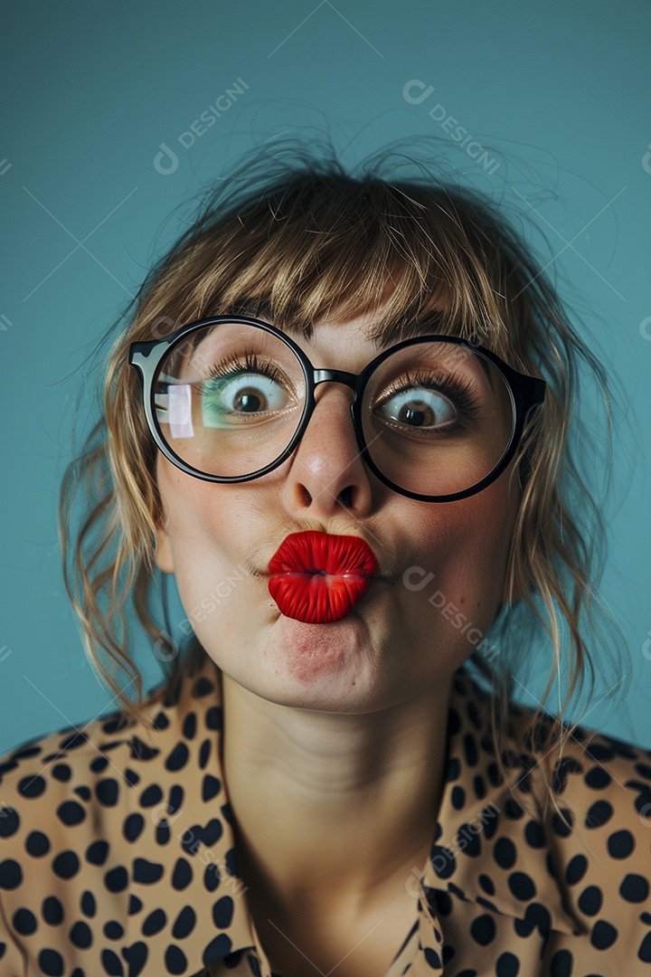 Blogueira maluca, usando óculos, olhando para a câmera, estilo ridículo e irônico