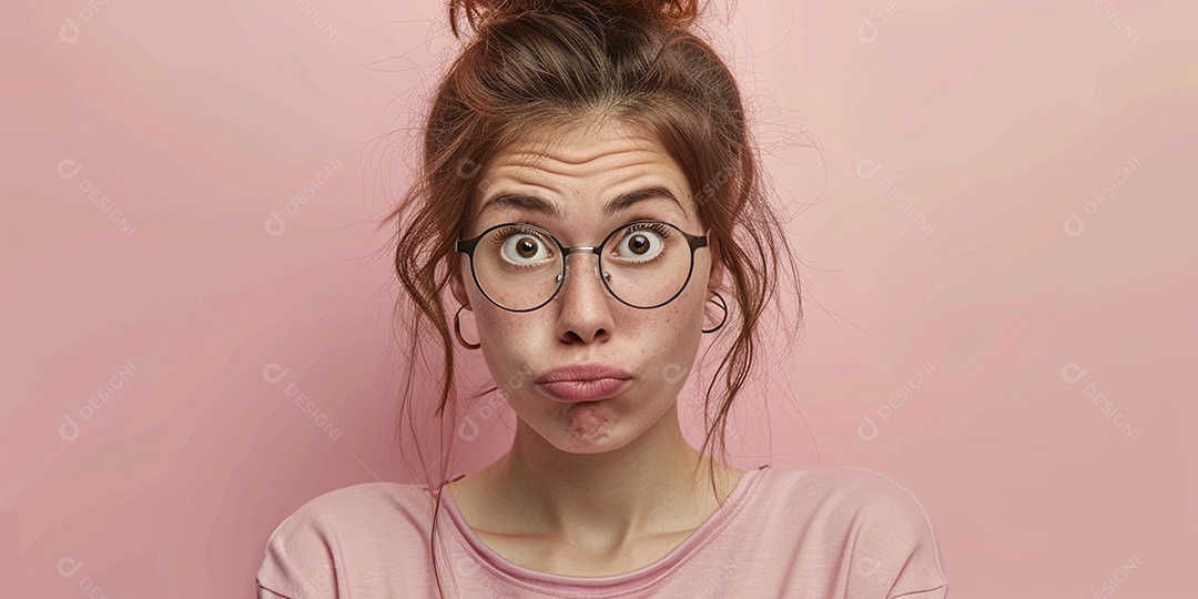 Blogueira maluca, usando óculos, olhando para a câmera, estilo ridículo e irônico