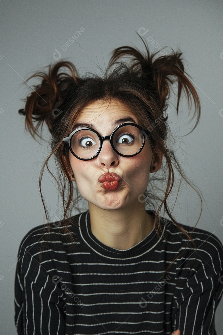 Blogueira maluca, usando óculos, olhando para a câmera, estilo ridículo e irônico