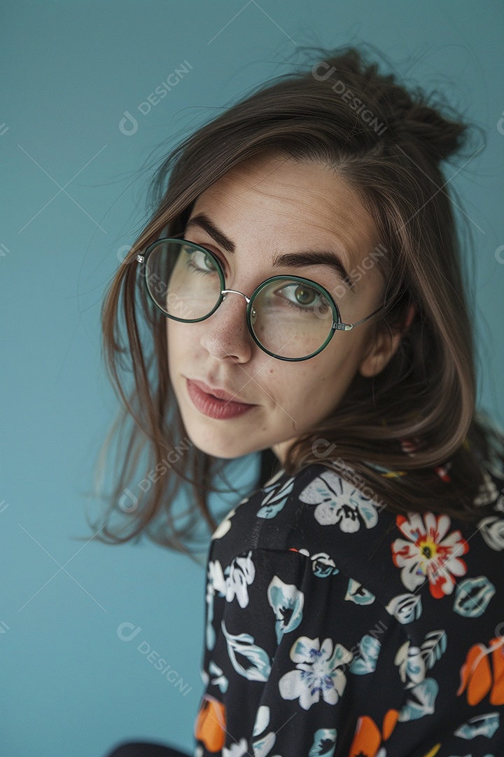 Blogueira maluca, usando óculos, olhando para a câmera, estilo ridículo e irônico