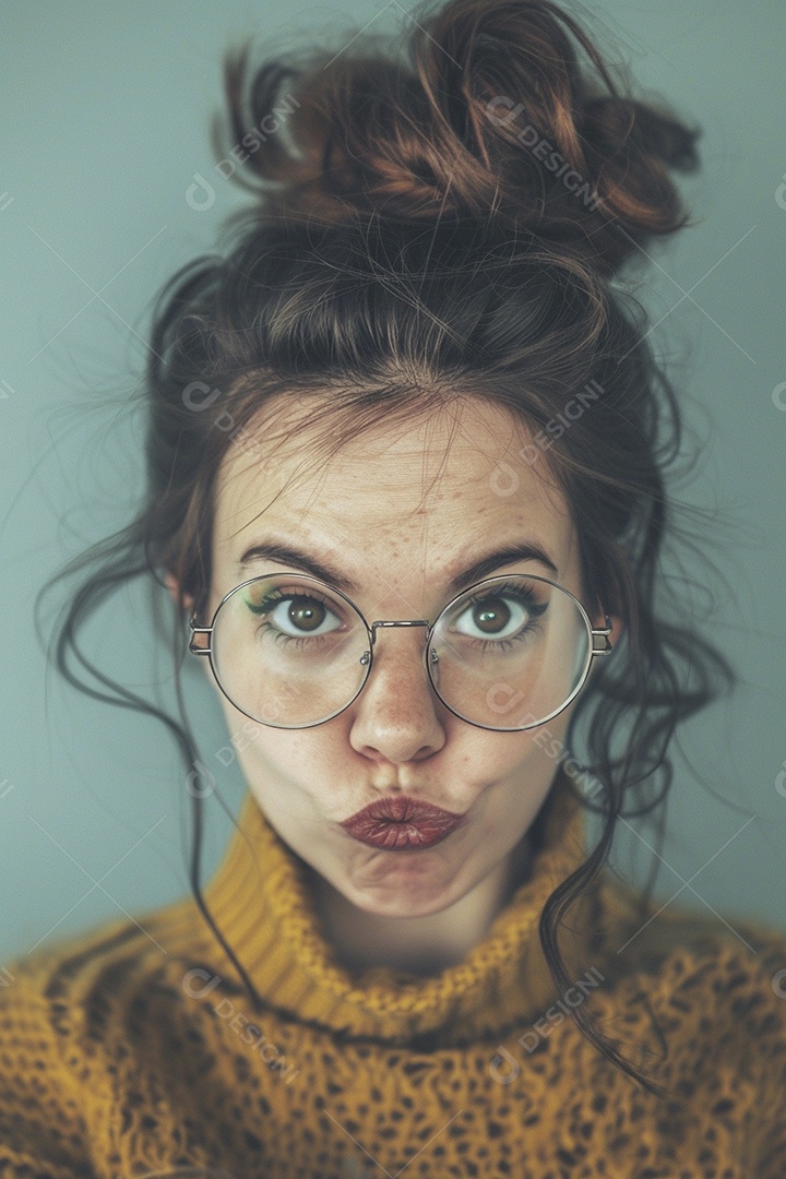 Blogueira maluca, usando óculos, olhando para a câmera, estilo ridículo e irônico