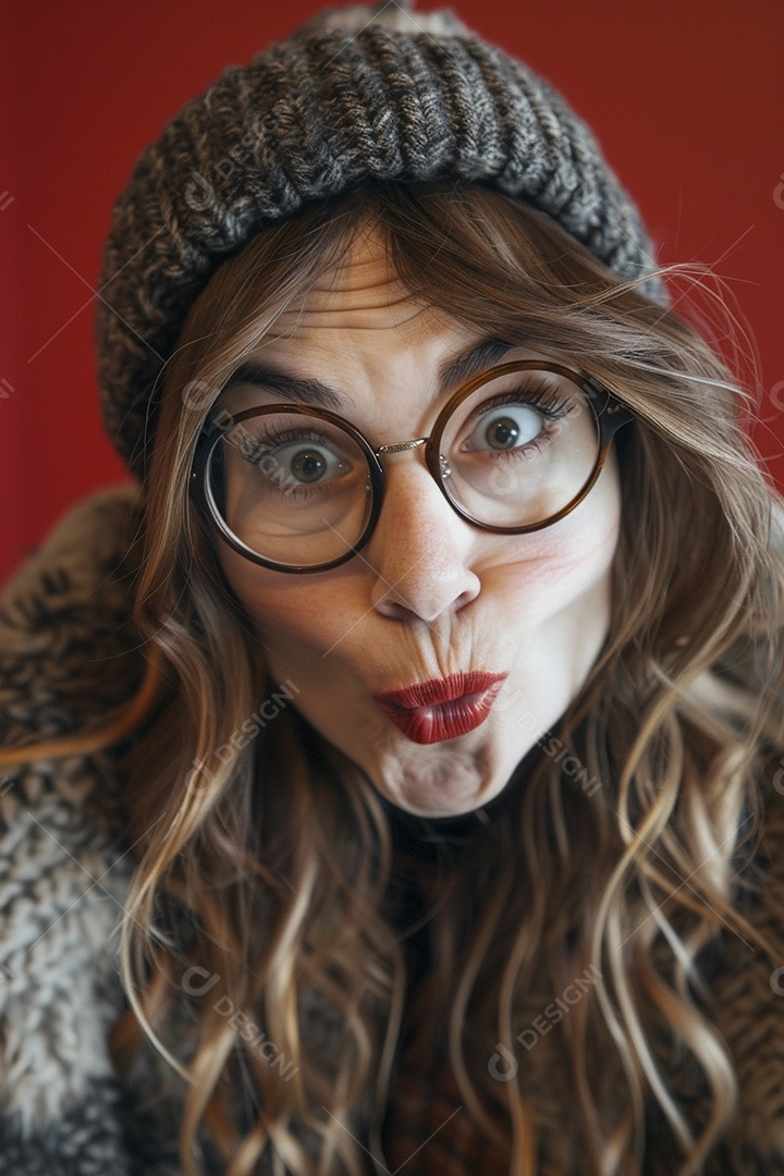 Blogueira maluca, usando óculos, olhando para a câmera, estilo ridículo e irônico