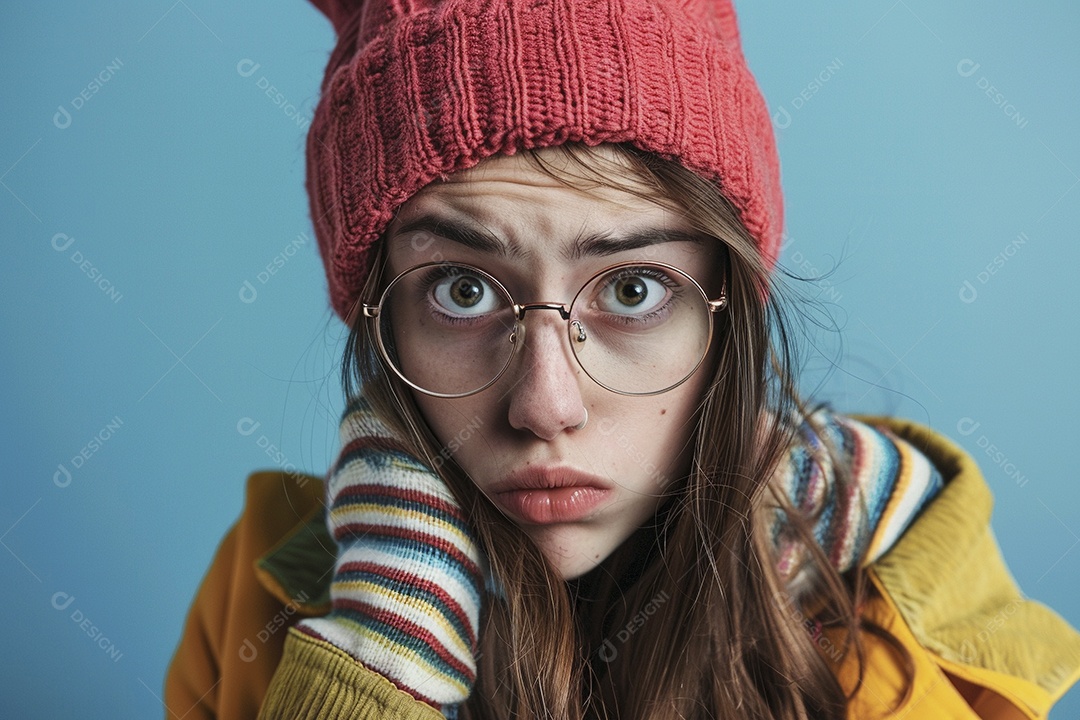 Blogueira maluca, usando óculos, olhando para a câmera, estilo ridículo e irônico