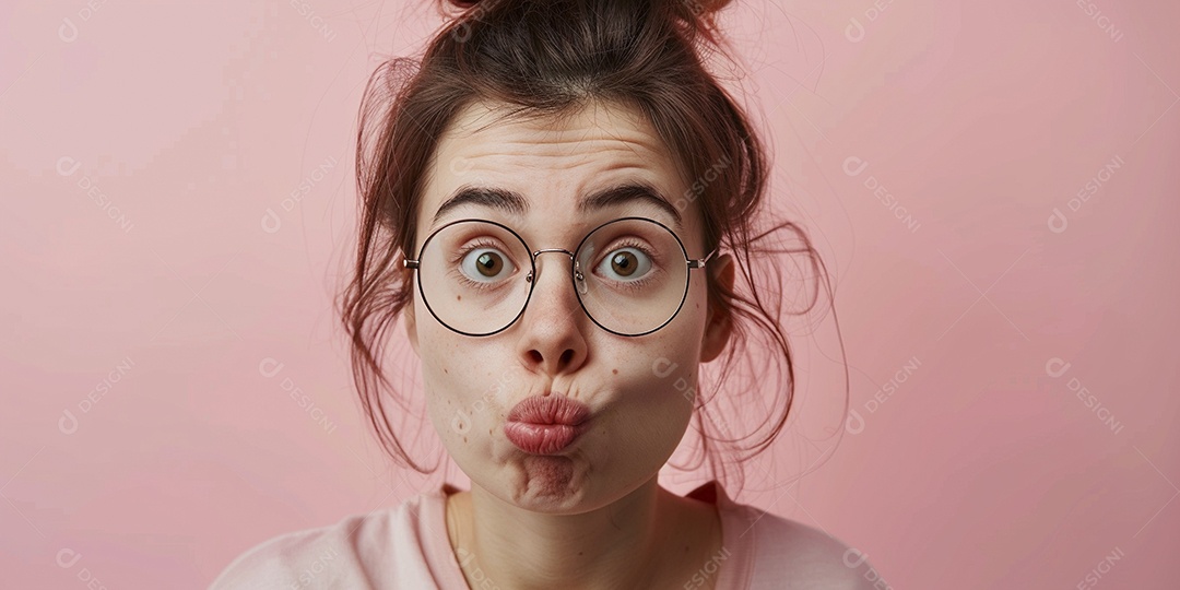 Blogueira maluca, usando óculos, olhando para a câmera, estilo ridículo e irônico