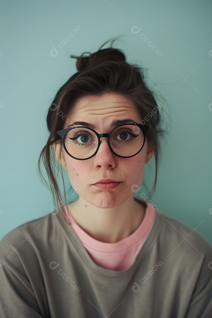 Blogueira maluca, usando óculos, olhando para a câmera, estilo ridículo e irônico