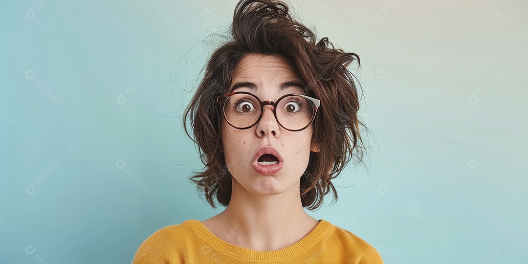 Blogueira maluca, usando óculos, olhando para a câmera, estilo ridículo e irônico