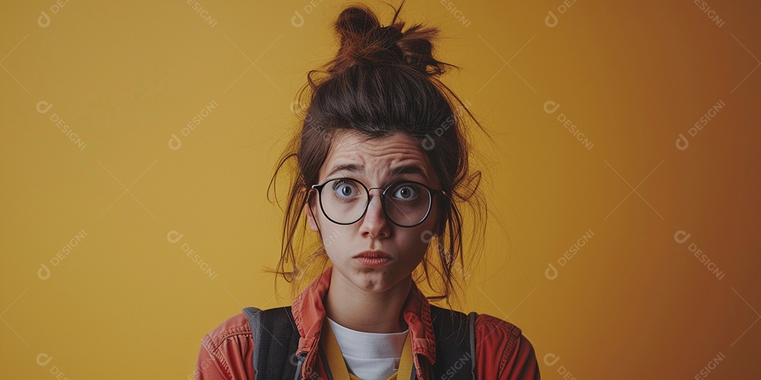 Blogueira maluca, usando óculos, olhando para a câmera, estilo ridículo e irônico