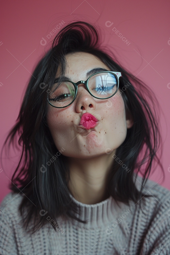 Blogueira maluca, usando óculos, olhando para a câmera, estilo ridículo e irônico