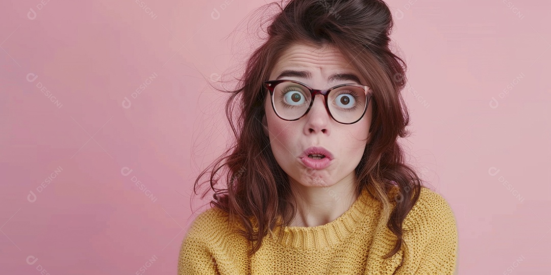 Blogueira maluca, usando óculos, olhando para a câmera, estilo ridículo e irônico