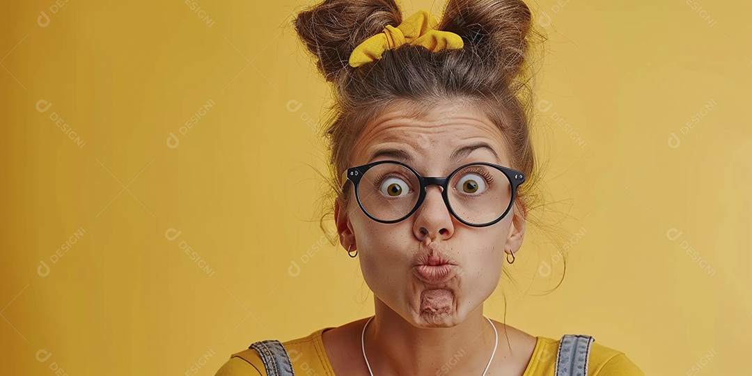 Blogueira maluca, usando óculos, olhando para a câmera, estilo ridículo e irônico