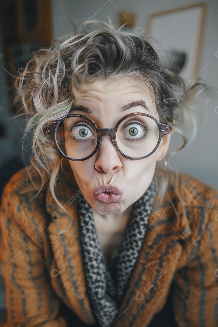 Blogueira maluca, usando óculos, olhando para a câmera, estilo ridículo e irônico