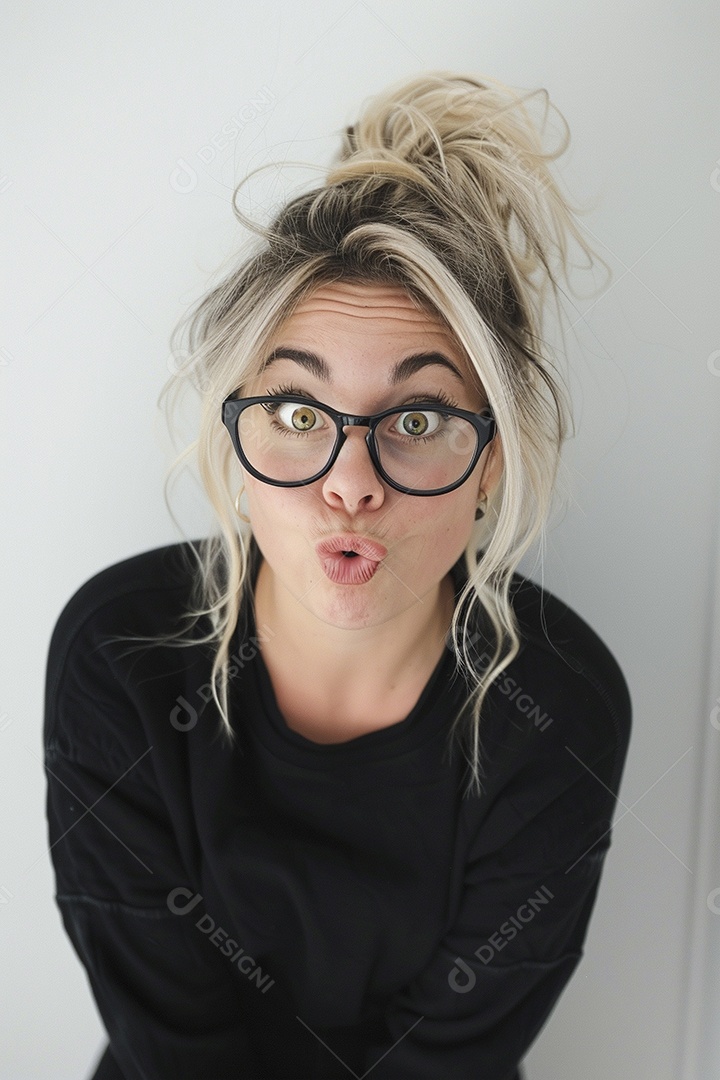 Blogueira maluca, usando óculos, olhando para a câmera, estilo ridículo e irônico