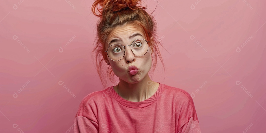 Blogueira maluca, usando óculos, olhando para a câmera, estilo ridículo e irônico