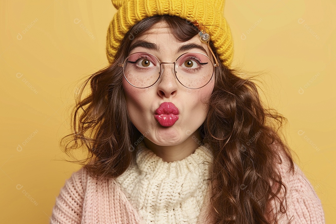 Blogueira maluca, usando óculos, olhando para a câmera, estilo ridículo e irônico