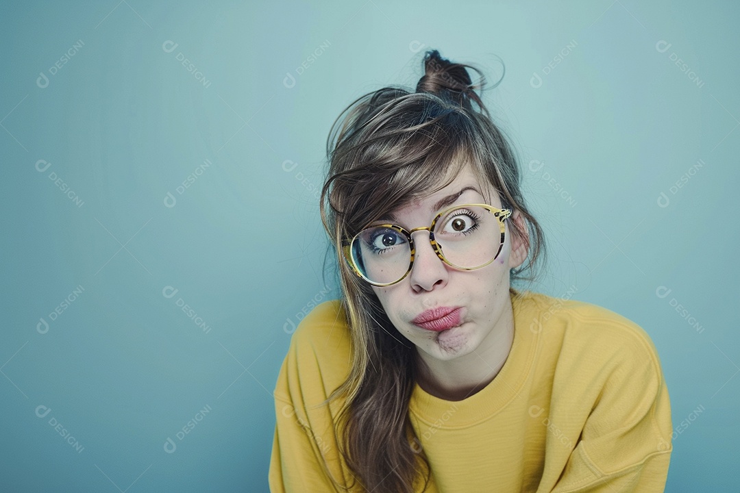 Blogueira maluca, usando óculos, olhando para a câmera, estilo ridículo e irônico