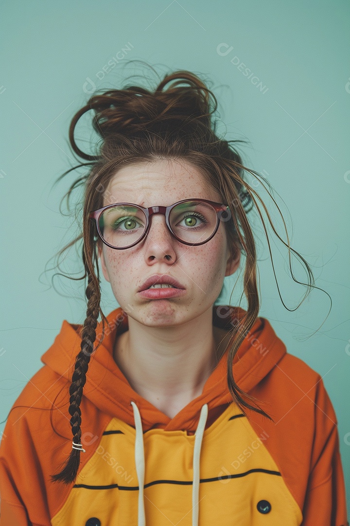 Blogueira maluca, usando óculos, olhando para a câmera, estilo ridículo e irônico