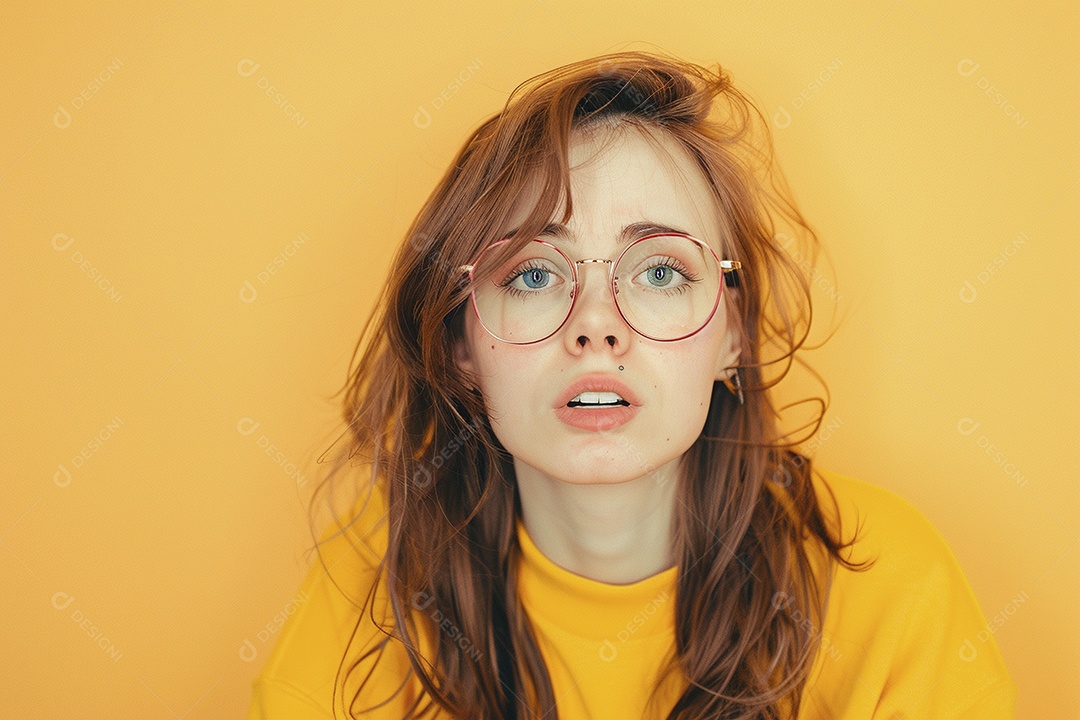 Blogueira maluca, usando óculos, olhando para a câmera, estilo ridículo e irônico