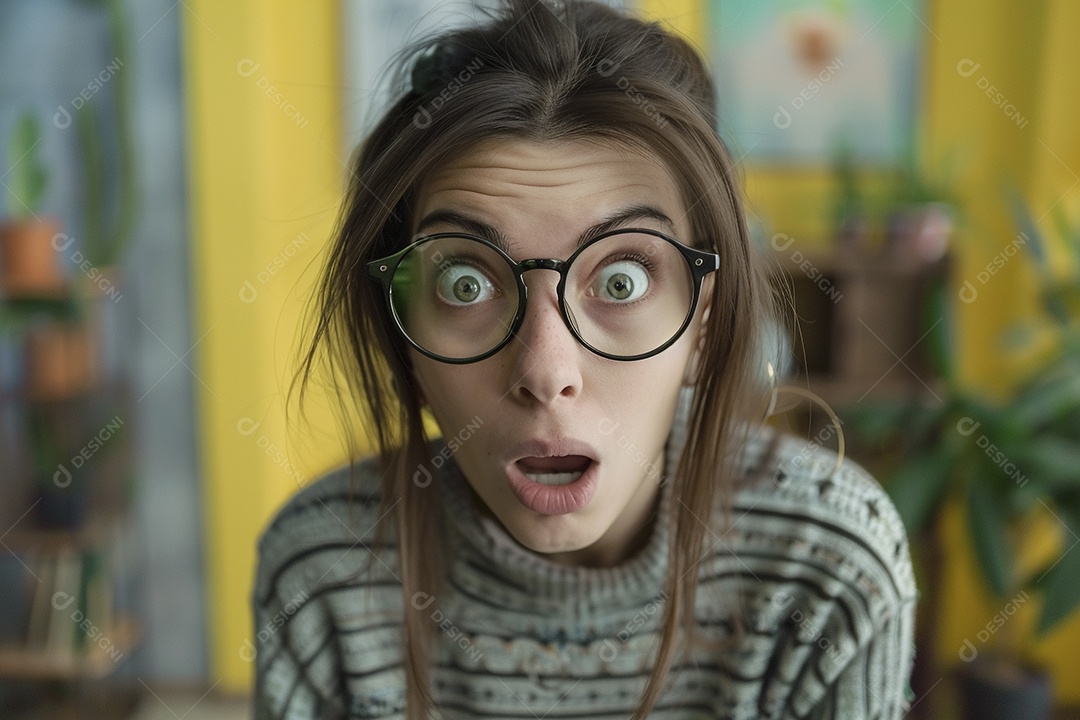 Blogueira maluca, usando óculos, olhando para a câmera, estilo ridículo e irônico