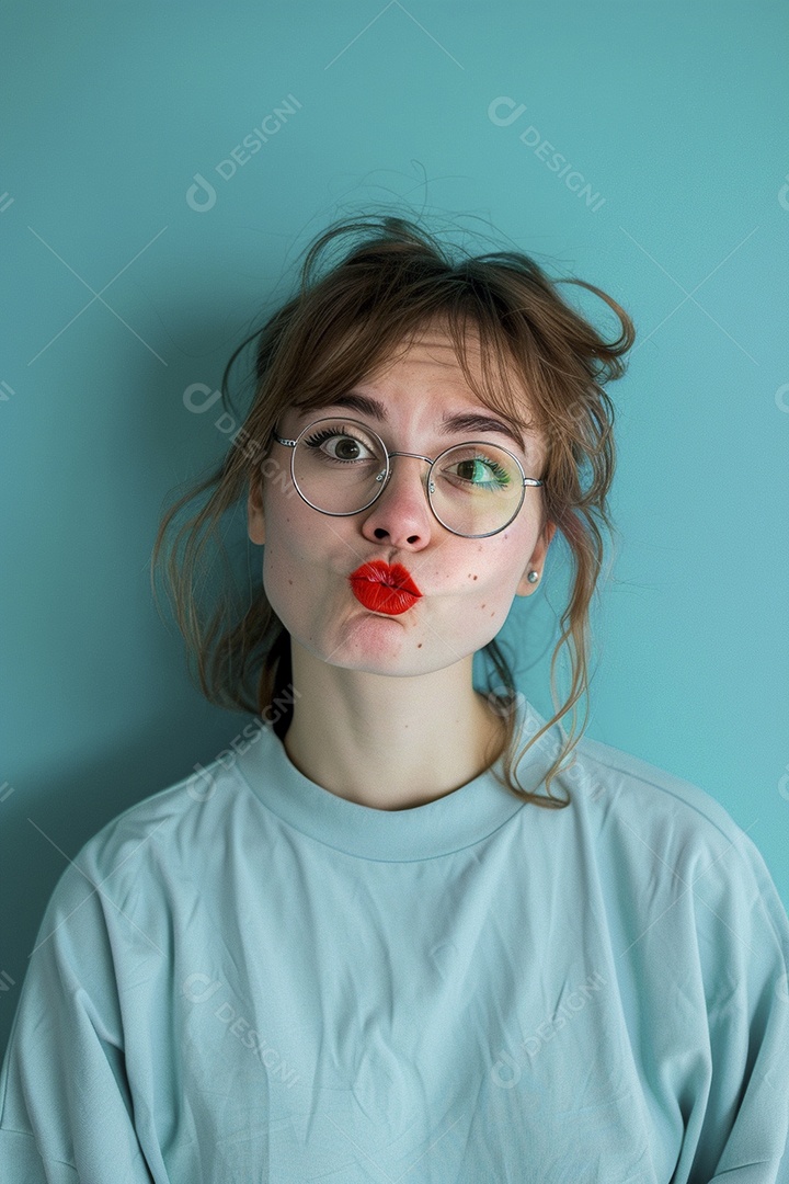 Blogueira maluca, usando óculos, olhando para a câmera, estilo ridículo e irônico