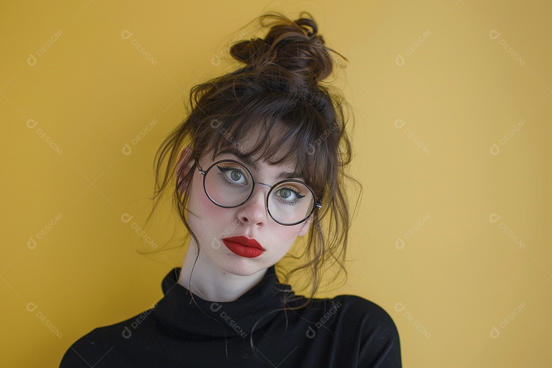 Blogueira maluca, usando óculos, olhando para a câmera, estilo ridículo e irônico