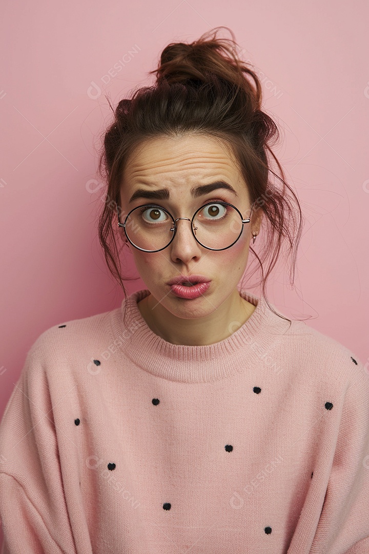 Blogueira maluca, usando óculos, olhando para a câmera, estilo ridículo e irônico