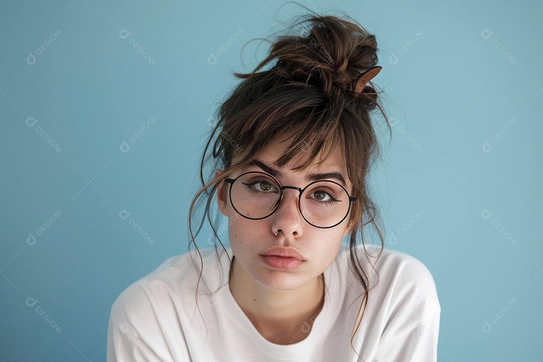 Blogueira maluca, usando óculos, olhando para a câmera, estilo ridículo e irônico