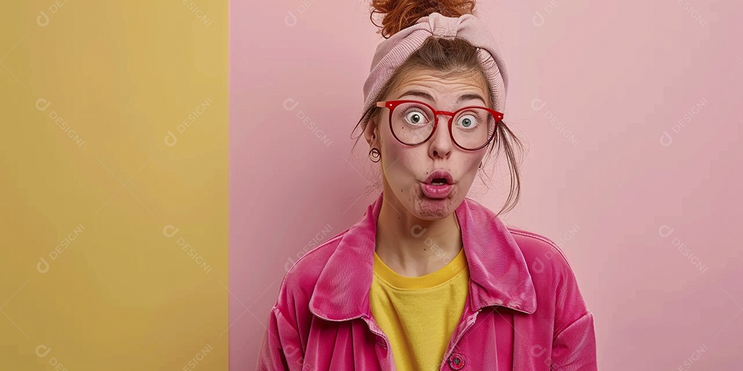 Blogueira maluca, usando óculos, olhando para a câmera, estilo ridículo e irônico