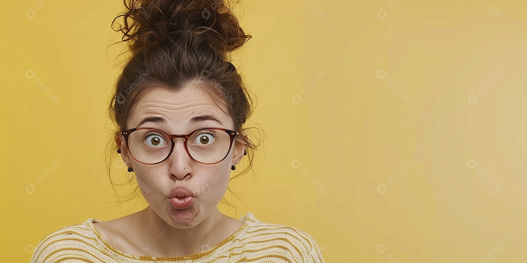 Blogueira maluca, usando óculos, olhando para a câmera, estilo ridículo e irônico