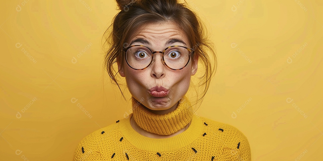 Blogueira maluca, usando óculos, olhando para a câmera, estilo ridículo e irônico