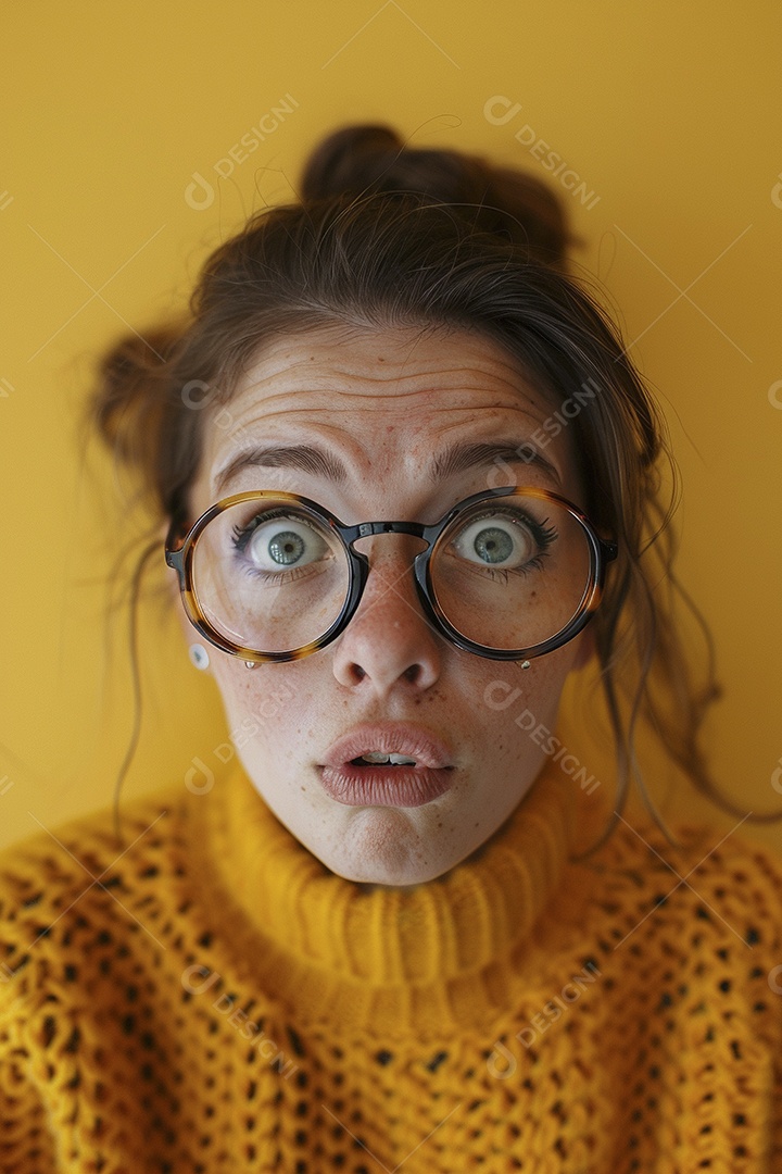 Blogueira maluca, usando óculos, olhando para a câmera, estilo ridículo e irônico