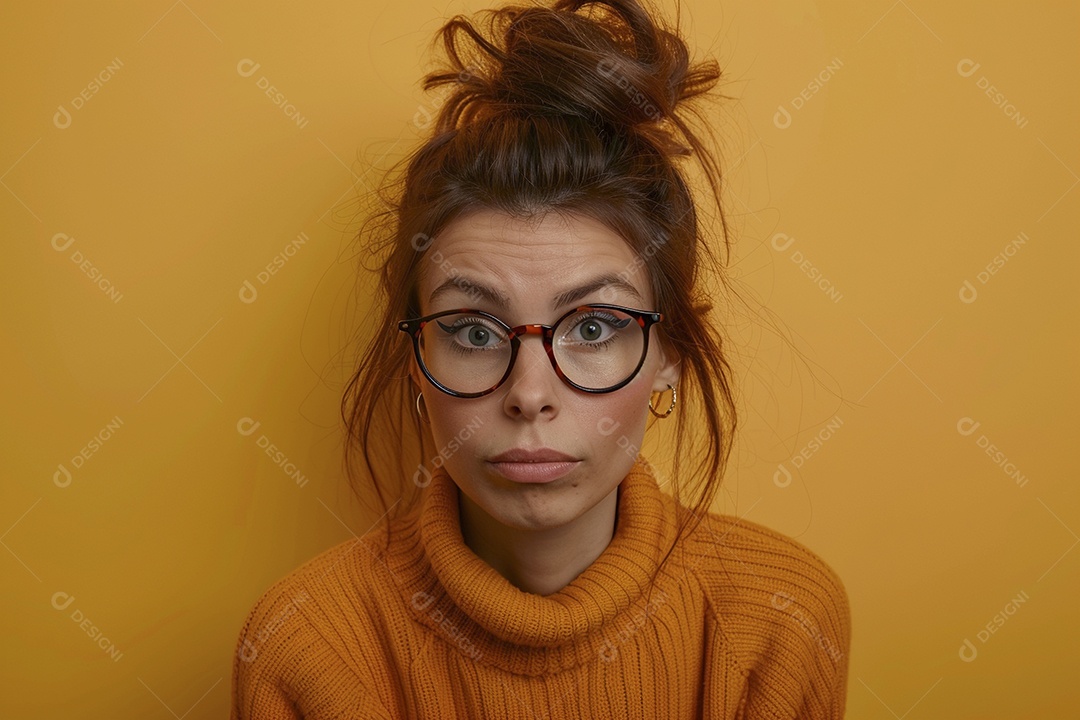 Blogueira maluca, usando óculos, olhando para a câmera, estilo ridículo e irônico