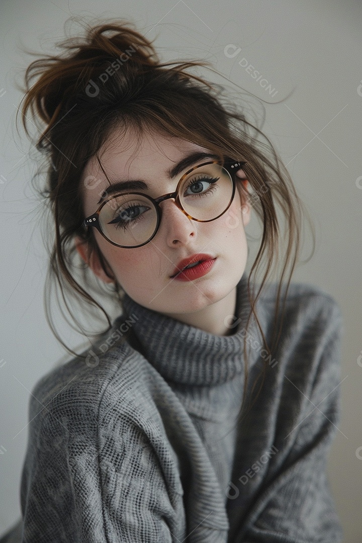 Blogueira maluca, usando óculos, olhando para a câmera, estilo ridículo e irônico