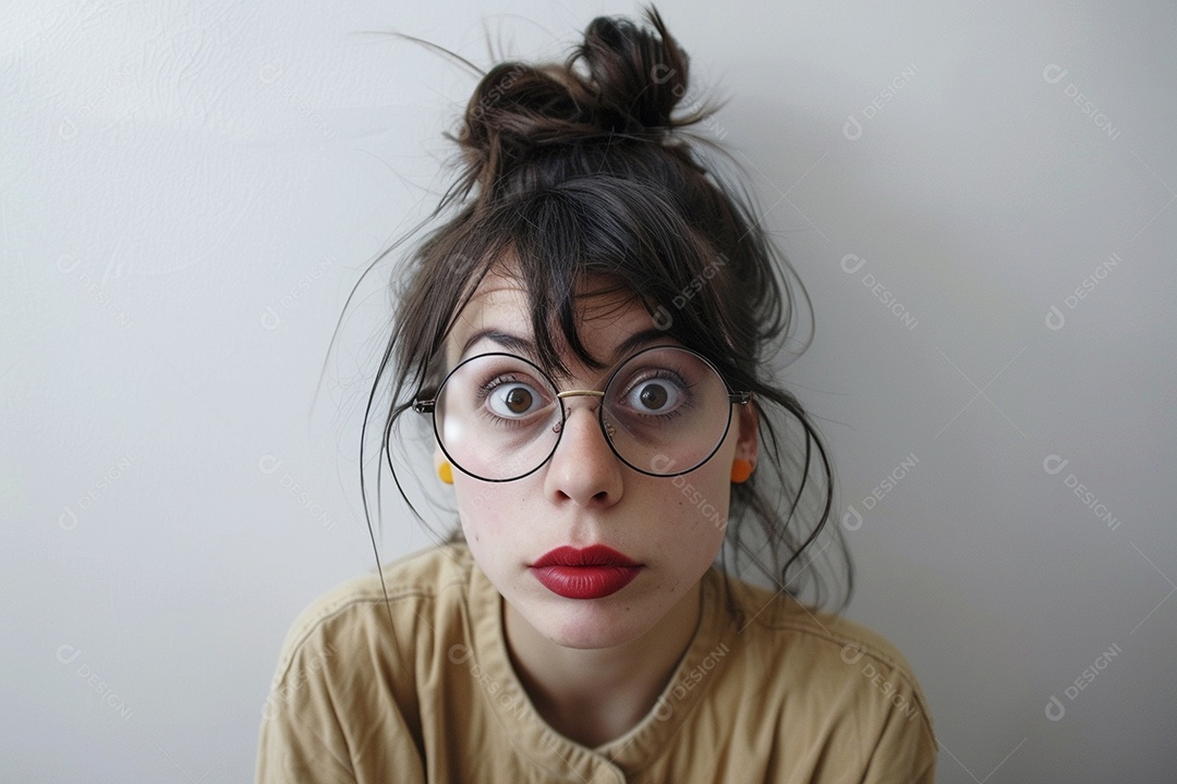 Blogueira maluca, usando óculos, olhando para a câmera, estilo ridículo e irônico