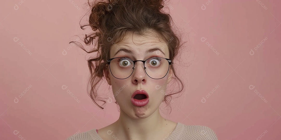 Blogueira maluca, usando óculos, olhando para a câmera, estilo ridículo e irônico