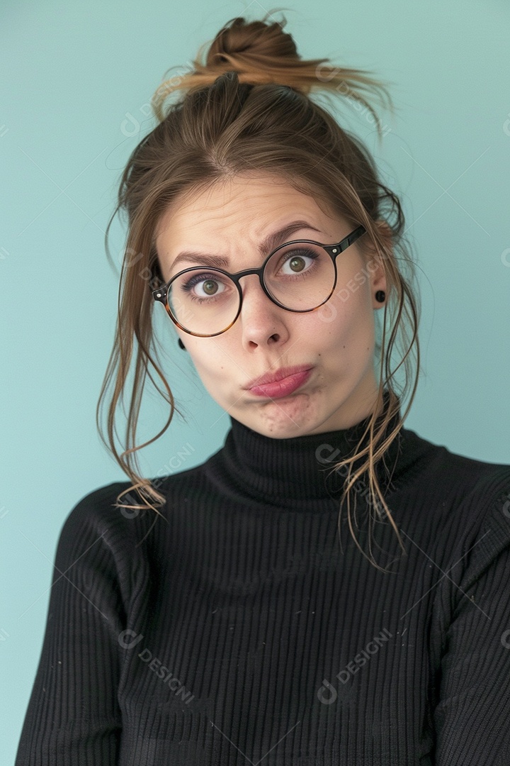 Blogueira maluca, usando óculos, olhando para a câmera, estilo ridículo e irônico