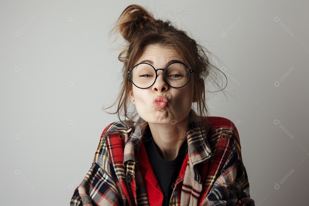 Blogueira maluca, usando óculos, olhando para a câmera, estilo ridículo e irônico