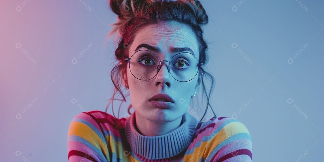 Blogueira maluca, usando óculos, olhando para a câmera, estilo ridículo e irônico