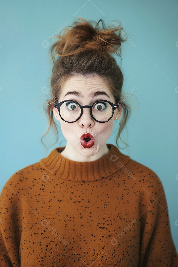 Blogueira maluca, usando óculos, olhando para a câmera, estilo ridículo e irônico