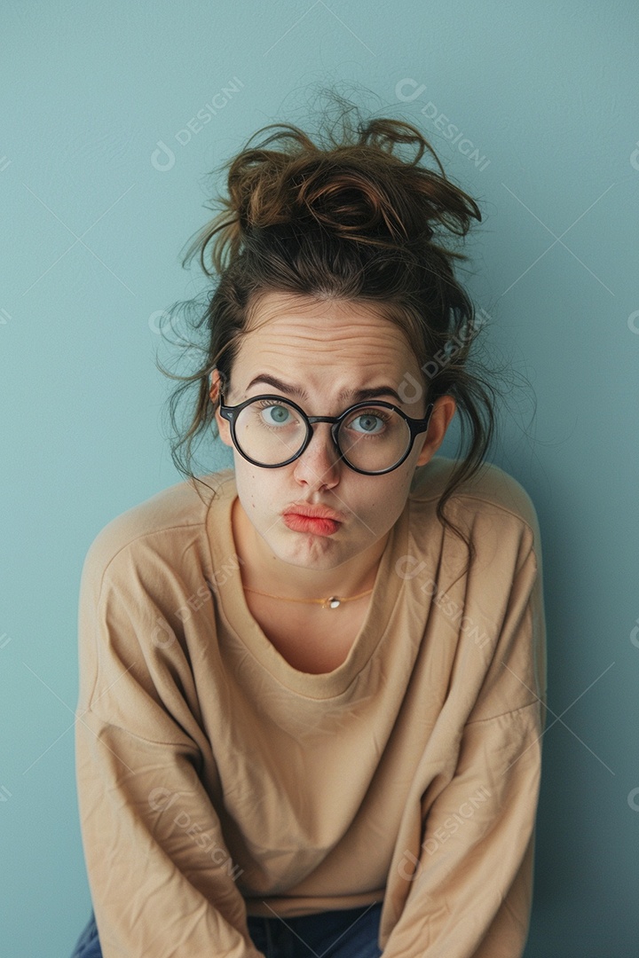 Blogueira maluca, usando óculos, olhando para a câmera, estilo ridículo e irônico