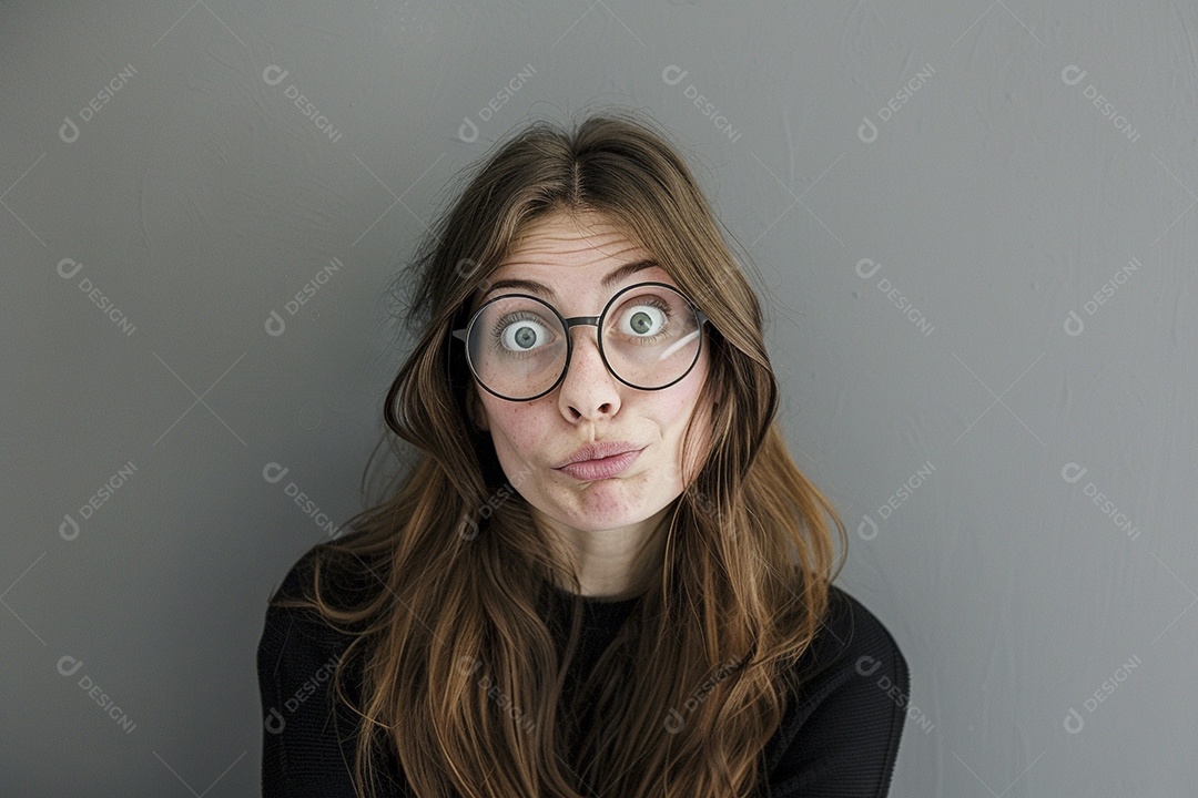 Blogueira maluca, usando óculos, olhando para a câmera, estilo ridículo e irônico